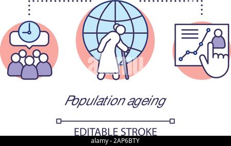 Population ageing concept icon. Demographic problem. Rising life expectancy. Pensioners social protection. Senior citizens idea thin line illustration Stock Vector