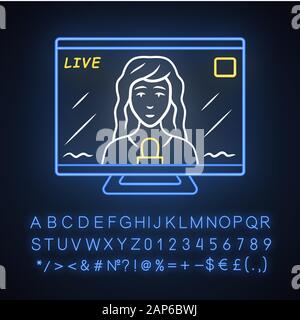 Reporter woman on TV neon light icon. Female journalist reporting breaking news live. Newscast. Newswoman on TV screen. Glowing sign with alphabet, nu Stock Vector