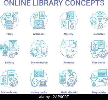 Online library gradient blue concept icons set. Book catalogue idea thin line illustrations. Fantasy, biographies, medical, history, plays, romance & Stock Vector