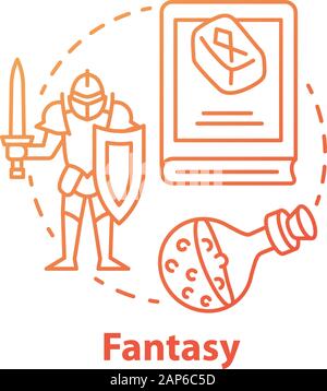 Fantasy literature red concept icon. Fantastic fiction idea thin line illustration. Imaginary worlds novels. Magic ancient times stories, mystic tales Stock Vector