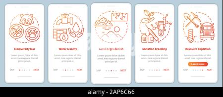 Environmental issues onboarding mobile app page screen vector template. Biodiversity loss. Walkthrough website steps with linear illustrations in red. Stock Vector