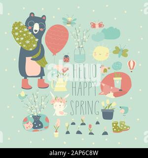 Set of cartoon animals and spring elements Stock Vector