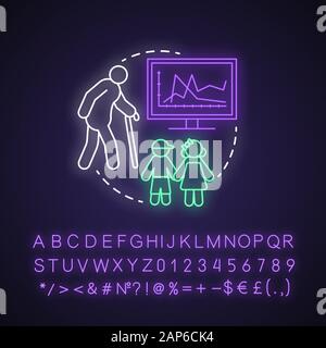 Population ageing neon light concept icon. Elderly people number increasing on planet idea. Demographic problems. Glowing sign with alphabet, numbers Stock Vector