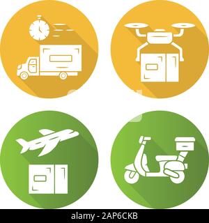 Delivery flat design long shadow glyph icons set. Plane shipping, scooter and drone delivering. Logistics and distribution. Shipment service. Cargo tr Stock Vector