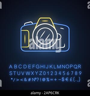 Photo camera neon light icon. Professional photocamera. Making snapshots, taking pictures device. Photographing equipment. Glowing sign with alphabet, Stock Vector