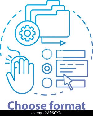 Choose format blue concept icon. Data management idea thin line illustration. Various types and options of getting information, knowledge. Files manag Stock Vector