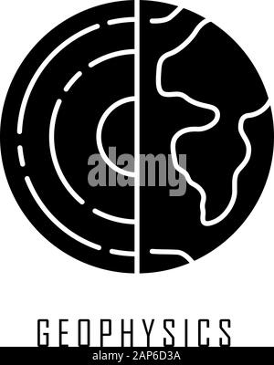 Geophysics glyph icon. Study of Earth crust and core. Physics branch. Inner structure and composition of Earth lithosphere. Planet model Silhouette sy Stock Vector