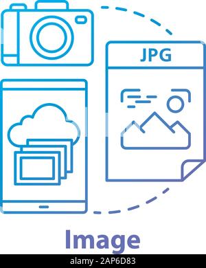 Image blue concept icon. Visual information idea thin line illustration. Pictures and photos. Files storage. Albums, photobooks and collages. Photogra Stock Vector