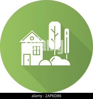 Small house with garden green flat design long shadow glyph icon. One storey village cottage and yard. Townhouse facade. Countryside house, townhome e Stock Vector