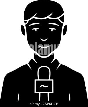 Reporter man glyph icon. TV presenter, interviewer with microphone. TV host. Newscaster reporting breaking news. Television announcer. Silhouette symb Stock Vector