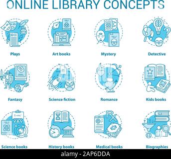 Online library turquoise concept icons set. Book catalogue idea thin line illustrations. Fantasy, biographies, medical, history, romance & mystery typ Stock Vector