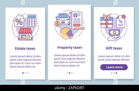US taxes types onboarding mobile app page screen with linear concepts. Estate, property, gift tax walkthrough steps graphic instructions. Percentage r Stock Vector