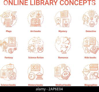 Online library red concept icons set. Book catalogue idea thin line illustrations. Fantasy, biographies, medical, history, plays, romance & mystery ty Stock Vector