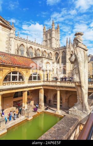 View of Roman Baths and Bath Cathedral, Bath, Somerset, UK Stock Photo