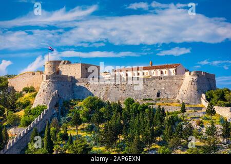 The Fortica fortress (Spanish Fort or Spanjola Fortres) on the Hvar island in Croatia. Ancient fortress on Hvar island over town (citadel), popular to Stock Photo