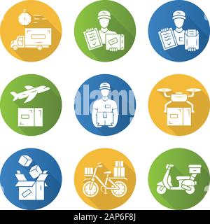 Delivery flat design long shadow glyph icons set. Plane, drone express shipping. Parcel, document courier delivery. Order packaging. Cargo transportat Stock Vector