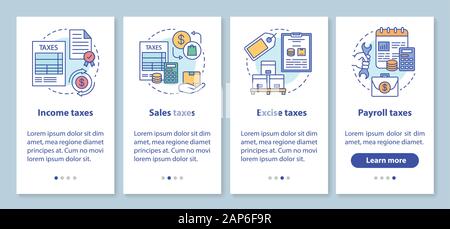US Taxes types onboarding mobile app page screen with linear concepts. Income, sales, excise, payroll tax walkthrough steps graphic instructions. UX, Stock Vector