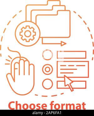 Choose format red concept icon. Data management idea thin line illustration. Various types and options of getting information, knowledge. Files manage Stock Vector