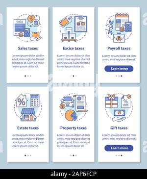 US taxes types onboarding mobile app page screen with linear concepts set. Sales, excise, payroll, gift taxation walkthrough steps graphic instruction Stock Vector