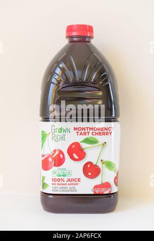 Princeton New Jersey, January 21 2020:Montmorency Tart Cherry Juice  - Bottled in plastic Bottles - Image Stock Photo