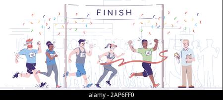 Marathon finish flat vector illustration. City footrace. Runners in final of competition. Endurance contest. Joggers cross finish line isolated cartoo Stock Vector
