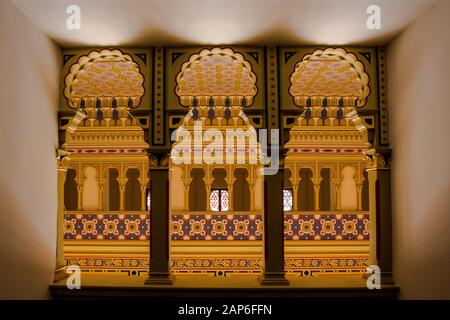 Interior of the main hall , view of  the rooftop , of the Sarajevo City Hall ,Vijecnica, the former library and City Hall of Sarajevo, destroyed durin Stock Photo