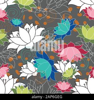 Lots of Lotus flowers, waterlilys nondirectional seamless vector pattern repeat surface design Stock Vector