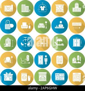 Apartment amenities flat design long shadow glyph icons set. Household appliance and furniture, furnishing. Interior design items. Hotel services, fac Stock Vector