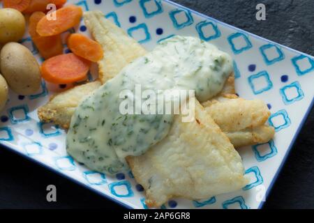 Two fillets of whiting, Merlangius merlangus, that have been dipped in flour and fried in oil. They have been served with homemade parsley sauce, boil Stock Photo