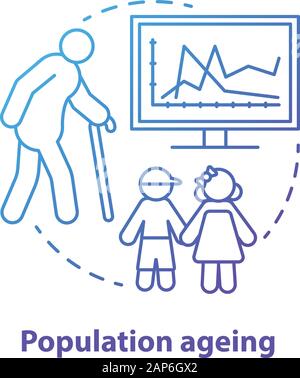 Population ageing concept icon. Elderly people number increasing on planet idea thin line illustration in blue. Demographic problems with lack of yout Stock Vector