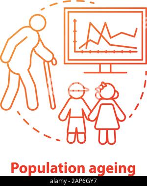 Population ageing concept icon. Elderly people number increasing on planet idea thin line illustration in red. Demographic problems with lack of youth Stock Vector