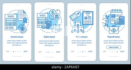US Taxes types blue onboarding mobile app page screen with linear concepts. Income, sales, payroll tax walkthrough steps graphic instructions. UX, UI, Stock Vector