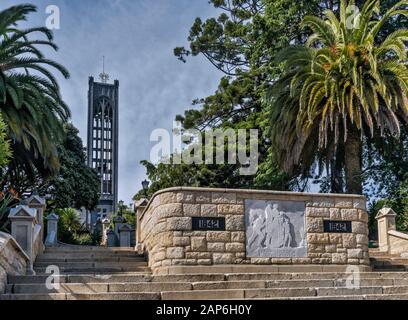 Openwork tower at Christ Church Cathedral, memorial carving, view from Trafalgar Street in Nelson, South Island, New Zealand Stock Photo