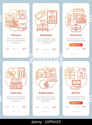 US taxes types red onboarding mobile app page screen vector templates set. Gift, excise, property taxation. Walkthrough website steps with linear icon Stock Vector