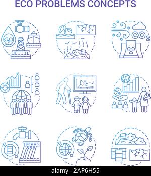 Eco problems concept icons set. Ecological disaster idea thin line illustrations in blue. Pollution of water, soil & air. Overpopulation and biodivers Stock Vector