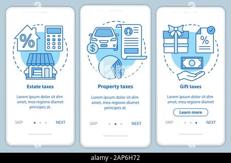 US taxes types blue onboarding mobile app page screen with linear concepts. Estate, property, gift taxation walkthrough steps graphic instructions. UX Stock Vector