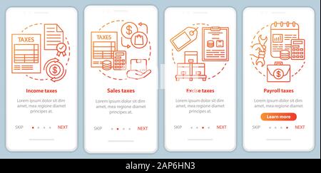 US Taxes types red onboarding mobile app page screen vector template. Income, excise, payroll taxation. Walkthrough website steps with linear illustra Stock Vector
