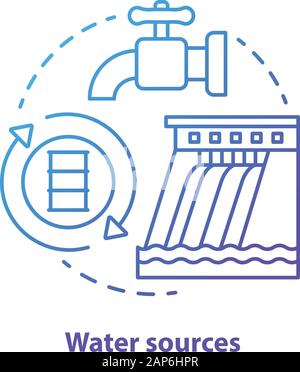 Water sources concept icon. Drinking water supplies idea thin line illustration in blue. Reasonable usage and management of aqua resources. River poll Stock Vector