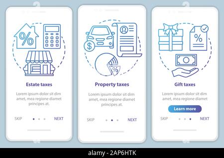 US taxes types blue onboarding mobile app page screen with linear concepts. Estate, property, gift tax walkthrough steps graphic instructions. UX, UI, Stock Vector