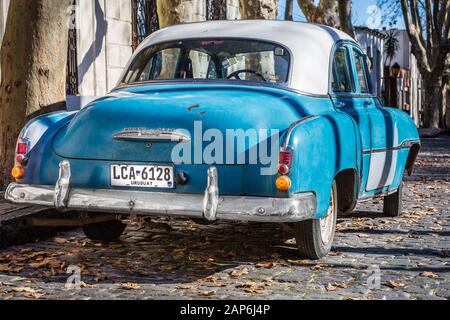 Old blue vintage car in the streets of Colonia del Sacramento Stock Photo