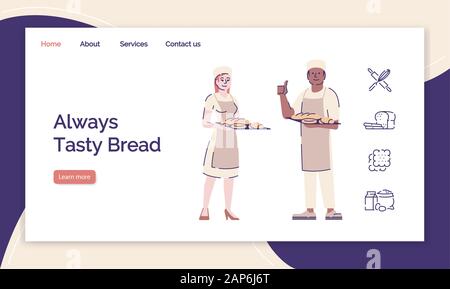 Bakery landing page vector template. Bakeshop, bakehouse website interface idea with flat illustrations. Professional bakers with fresh bread. Homepag Stock Vector