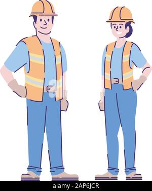 Builders couple flat vector characters. Construction workers, handyman cartoon illustration with outline. Woman and man contractors, engineers in unif Stock Vector