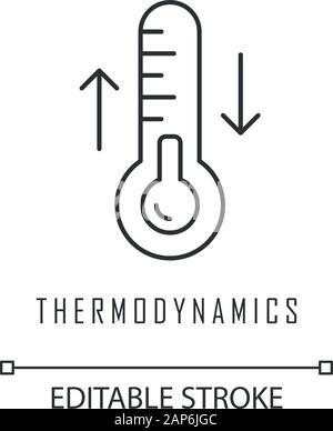 Thermodynamics linear icon. Temperature fluctuations. Thermal effects. Heating and cooling physical processes. Thin line illustration. Contour symbol. Stock Vector