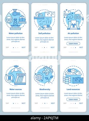Earth resources and pollution issues onboarding mobile app page screen vector template. Biodiversity. Walkthrough website steps with linear illustrati Stock Vector
