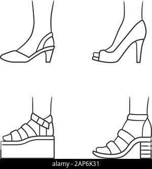 Women summer shoes linear icons set. Female elegant formal and casual footwear. Stylish platform and sandals. Editable stroke. Thin line contour symbo Stock Vector