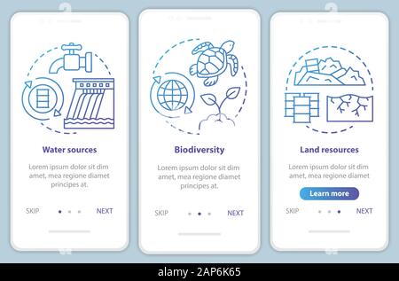 Earth resources onboarding mobile app page screen vector template. Water sources, biodiversity. Walkthrough website steps with linear illustrations in Stock Vector