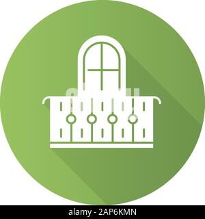 Balcony green flat design long shadow glyph icon. Interior element, vintage design. Apartment veranda, small terrace with fence. Architecture building Stock Vector