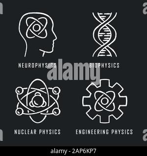 Physics branches chalk icons set. Neurophysics, biophysics, engineering and nuclear physics. Human brain, structure of molecule. Physical processes le Stock Vector