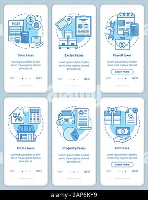 US taxes types blue onboarding mobile app page screen with linear concepts set. Sales, excise, gift taxation walkthrough steps graphic instructions. U Stock Vector