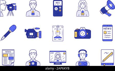 Mass media blue color icons set. Press. Television, radio broadcasting. Taking an interview, photographing events. News recording and filming, announc Stock Vector